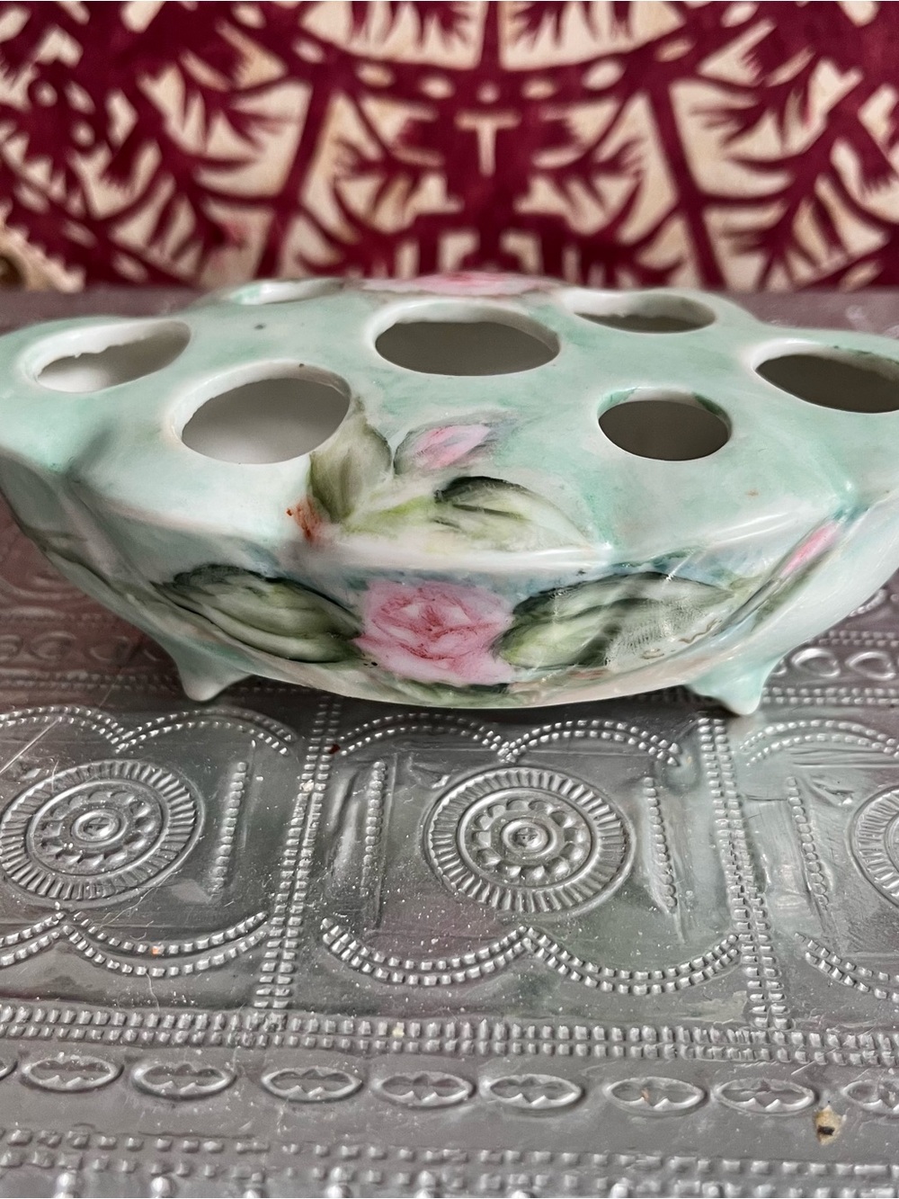 Vintage Pink Roses floral porcelain Boudoir Vanity Lipstick Holder